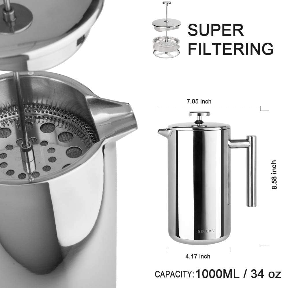 Experience Rich Flavor with the Secura 34oz French Press Coffee Maker - Durable 304 Stainless Steel, Dishwasher Safe, and Includes Extra Screens