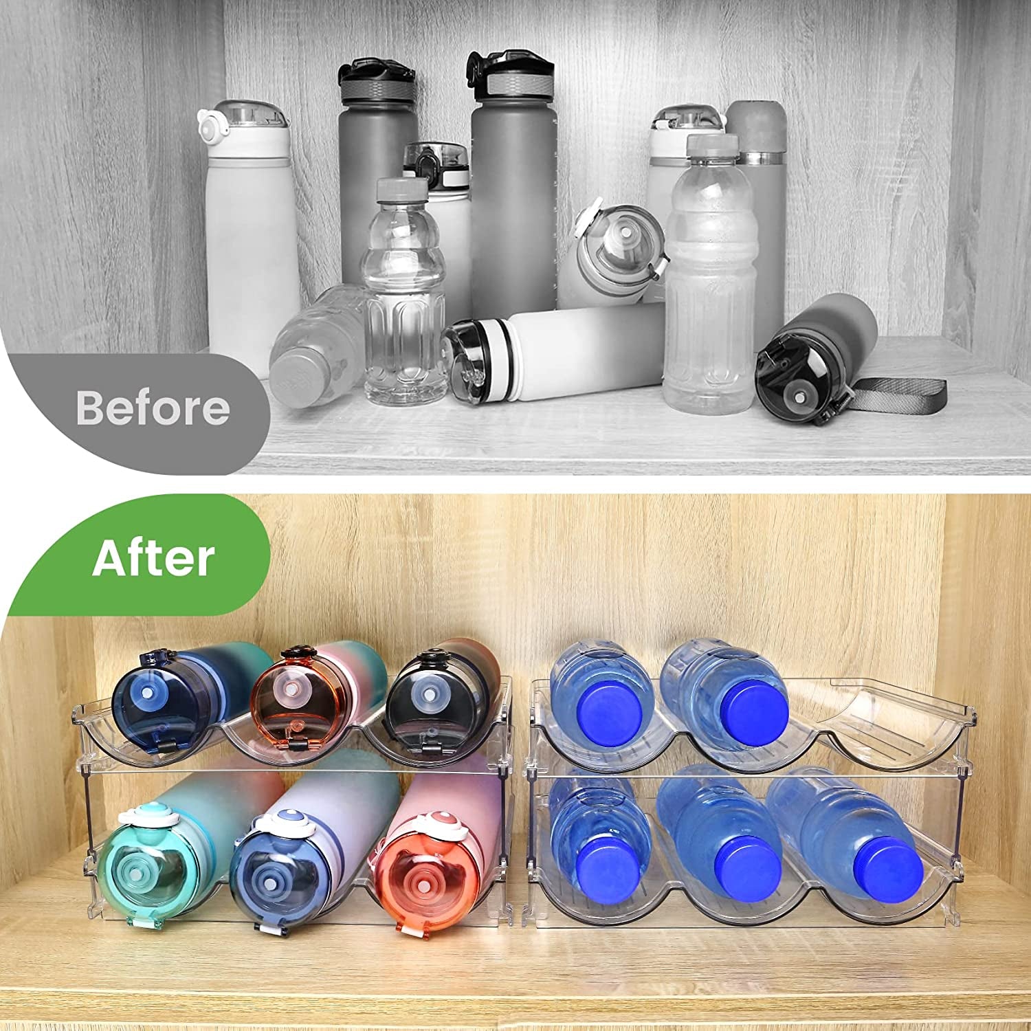 Effortlessly Organize Your Space with Our 2-Pack Stackable Water Bottle Organizer - Perfect for Cabinets and Refrigerators!