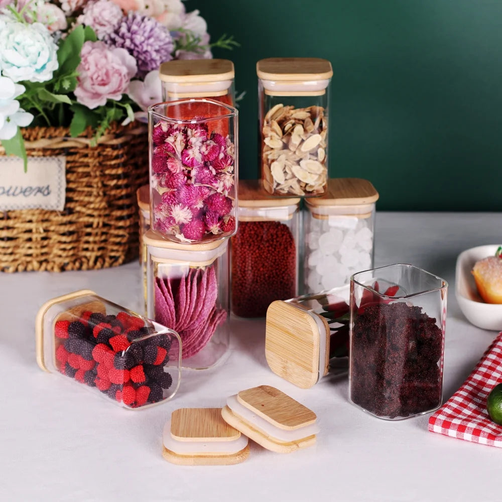 Elevate Your Kitchen with 10 Premium Glass Spice Jars - 8oz Clear Square Containers with Bamboo Airtight Lids and Labels