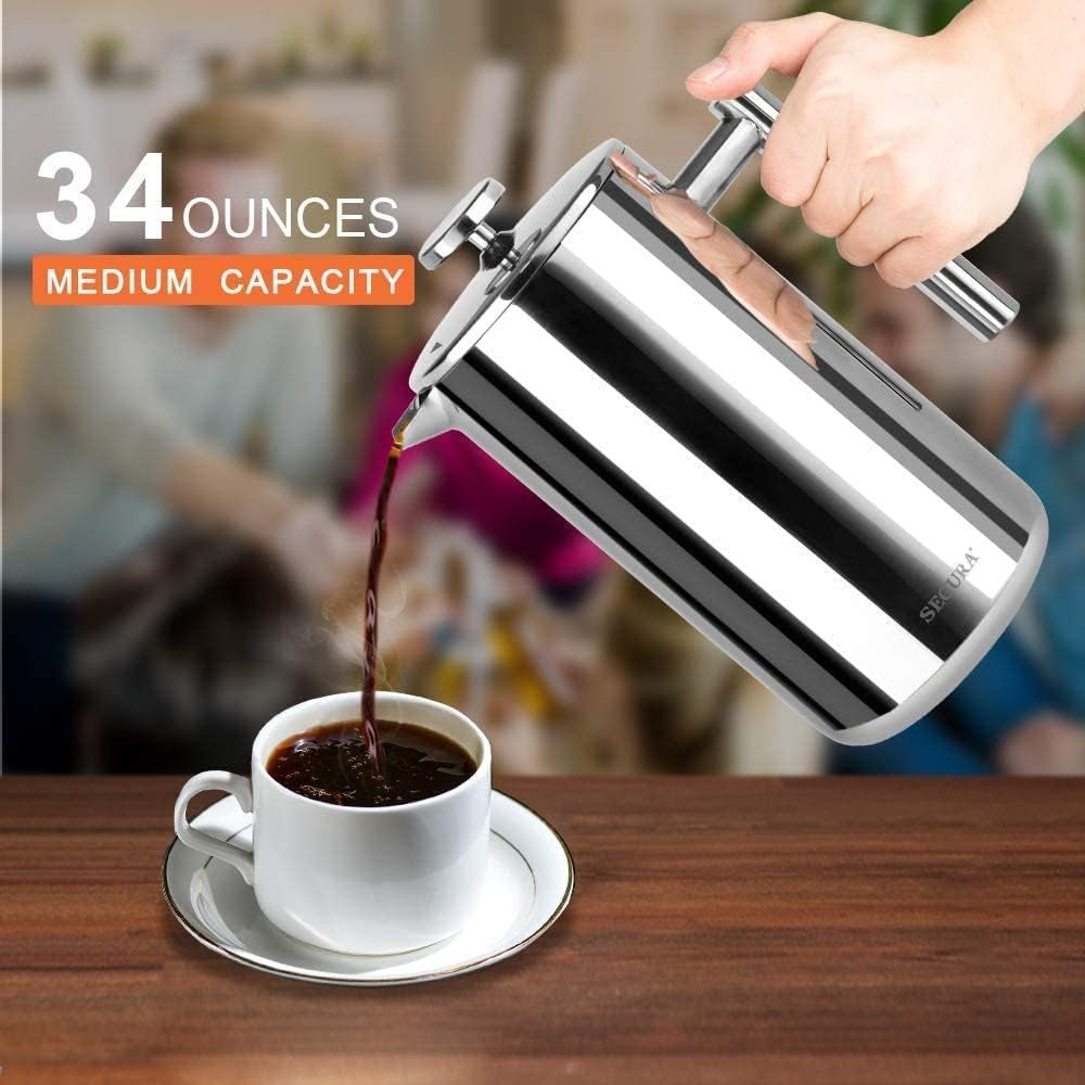 Experience Rich Flavor with the Secura 34oz French Press Coffee Maker - Durable 304 Stainless Steel, Dishwasher Safe, and Includes Extra Screens