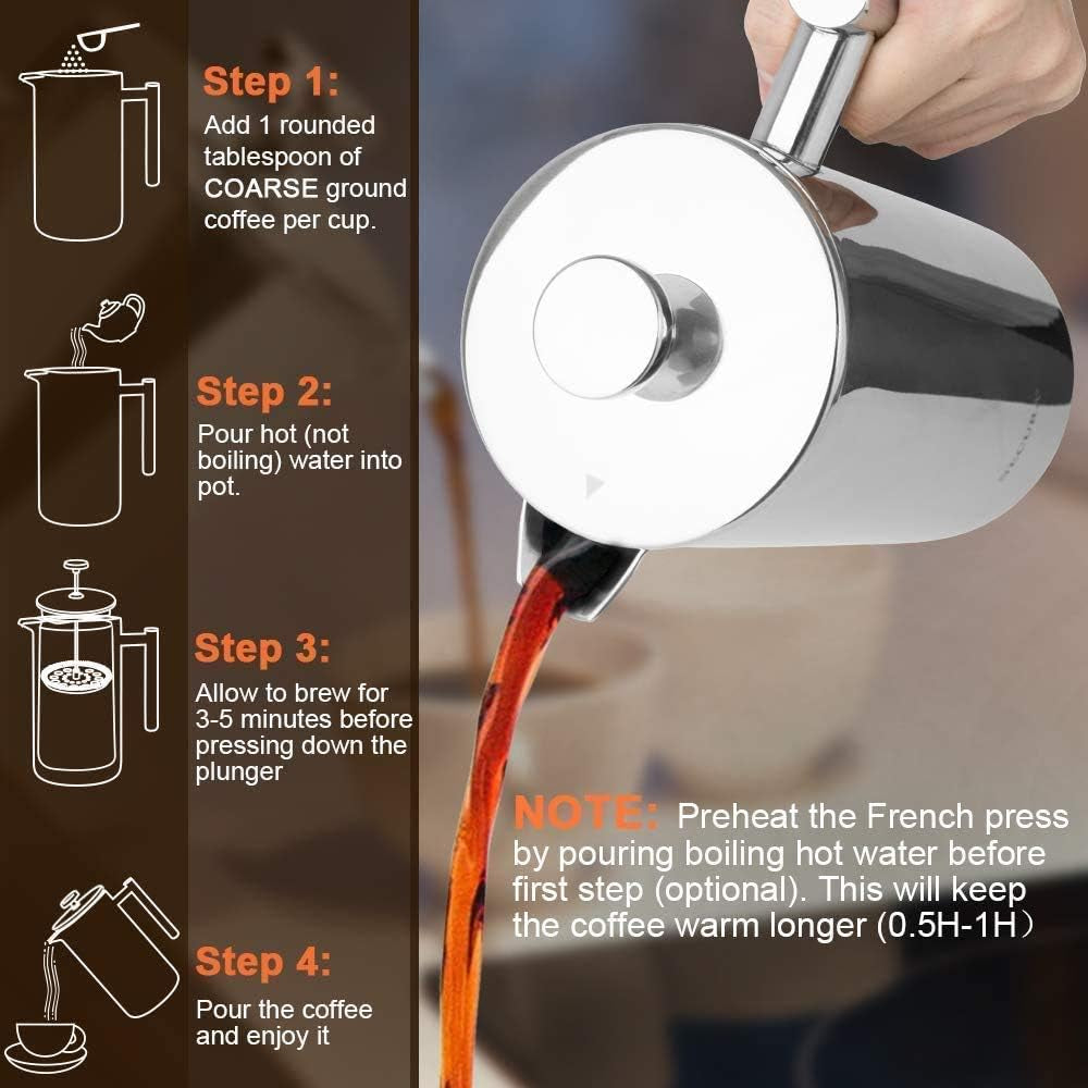 Experience Rich Flavor with the Secura 34oz French Press Coffee Maker - Durable 304 Stainless Steel, Dishwasher Safe, and Includes Extra Screens