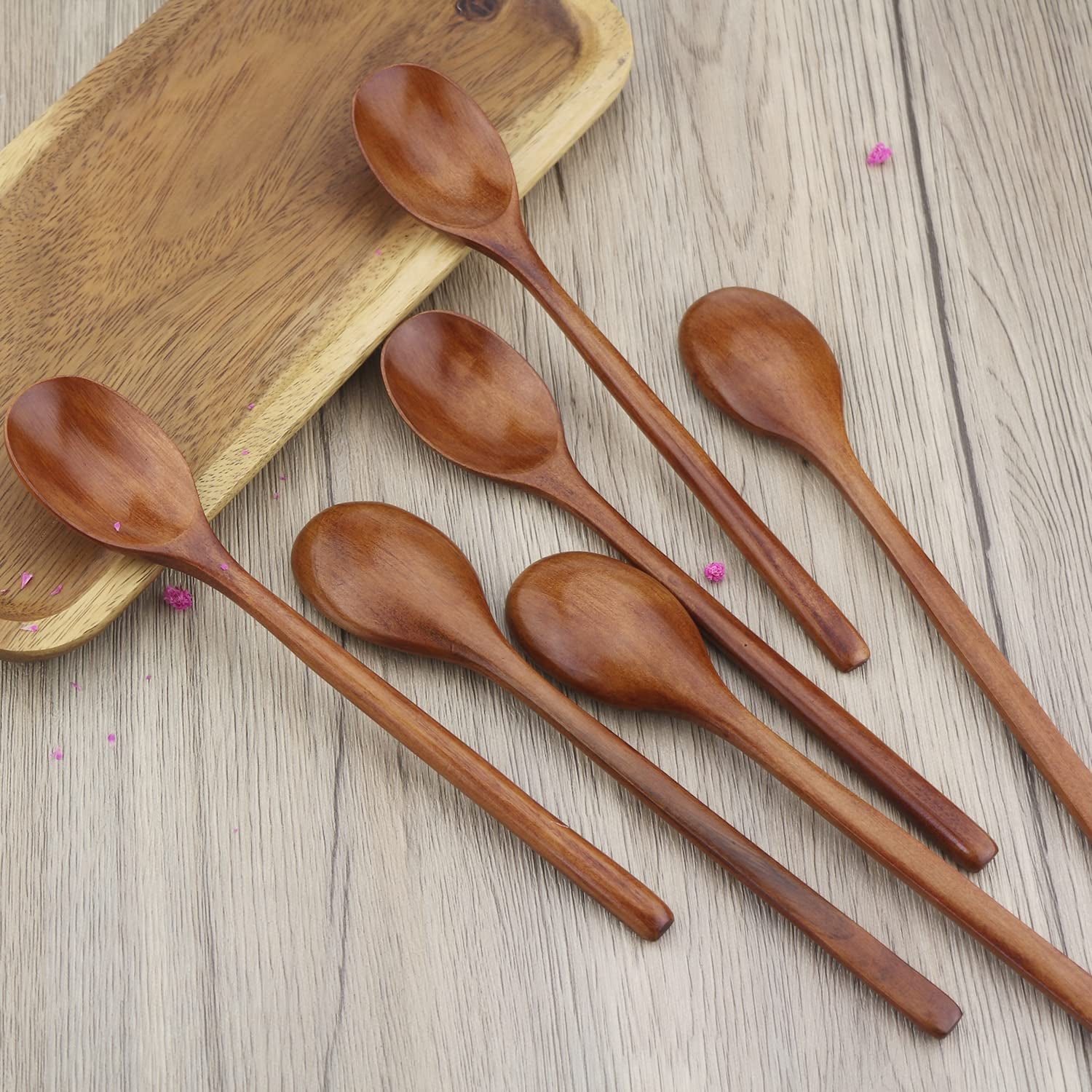 Premium Wooden Spoons Set - 6 Handcrafted 9-Inch Soup Spoons for Cooking, Mixing, and Serving with Unique Grain Patterns