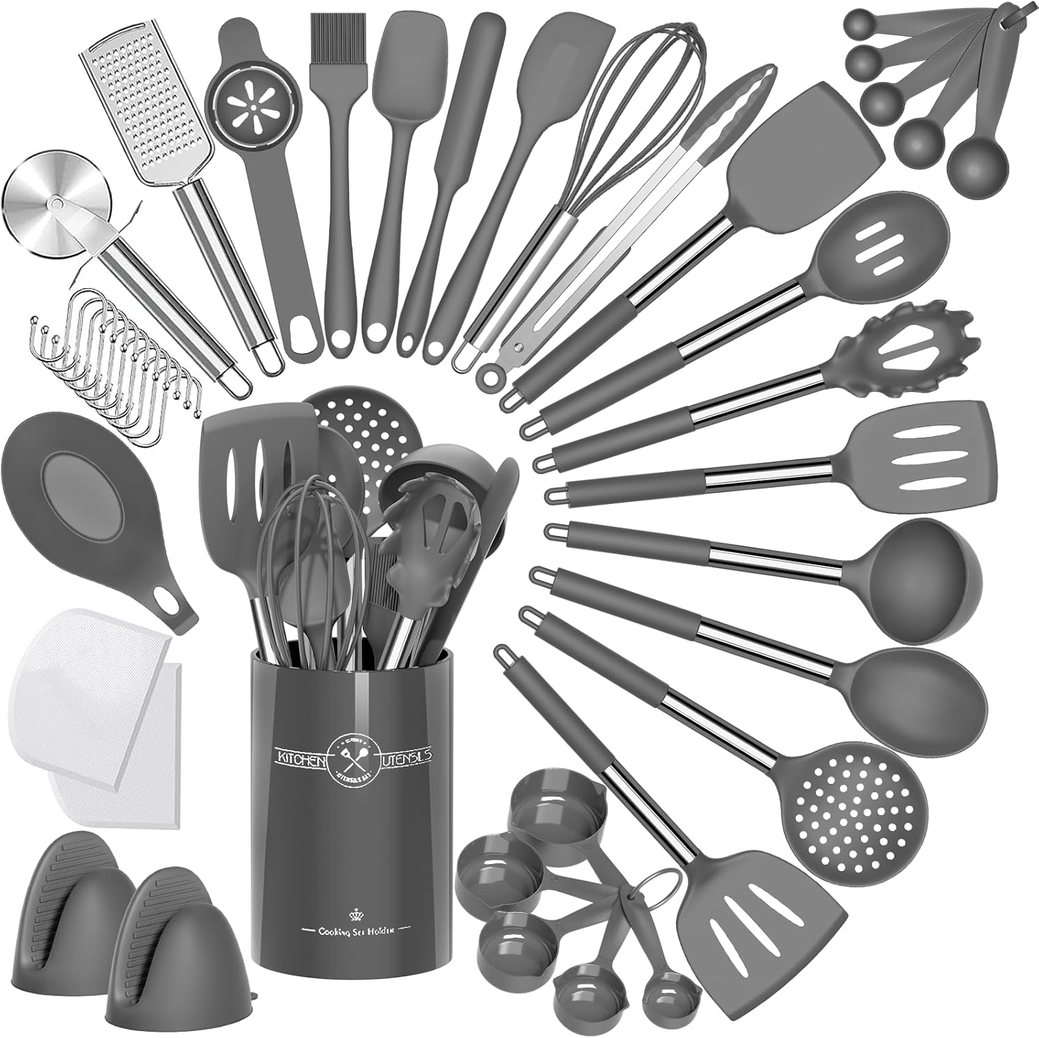 Elevate Your Cooking Experience with Our 43-Piece Silicone Kitchen Utensil Set - Non-Stick, Heat Resistant, and Stylish in Grey