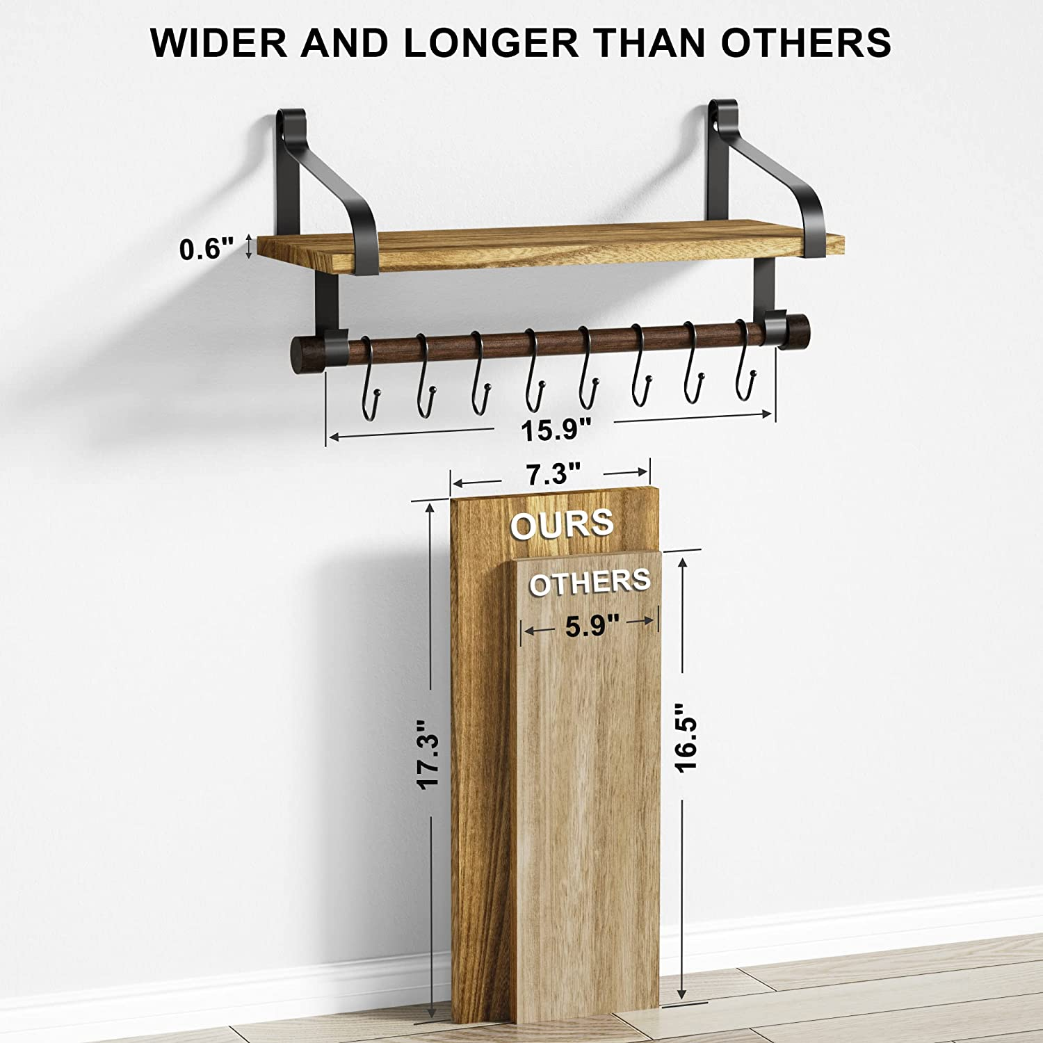 Rustic Floating Shelf with Towel Bar and Removable Hooks - Perfect for Organizing Kitchen Utensils and Bathroom Essentials in Carbonized Black
