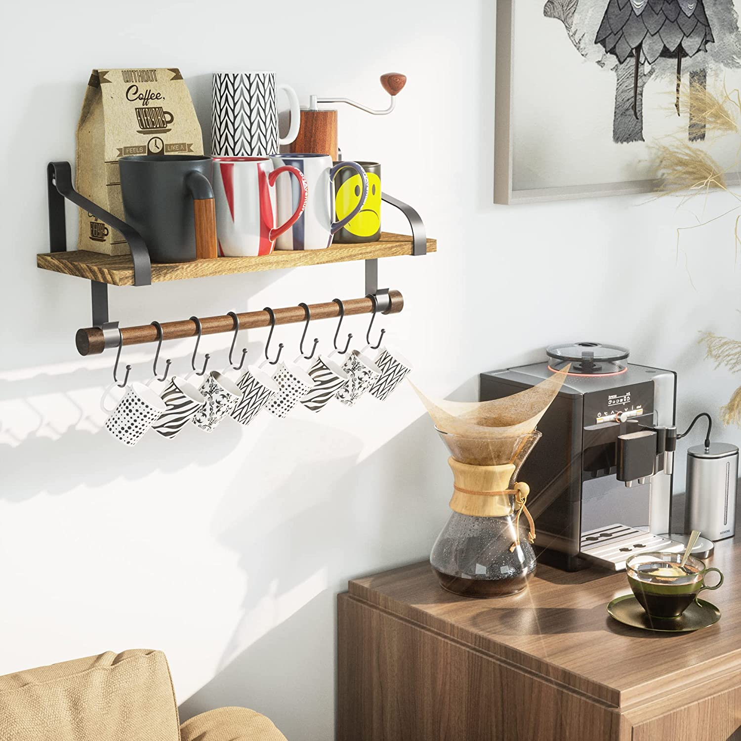 Rustic Floating Shelf with Towel Bar and Removable Hooks - Perfect for Organizing Kitchen Utensils and Bathroom Essentials in Carbonized Black