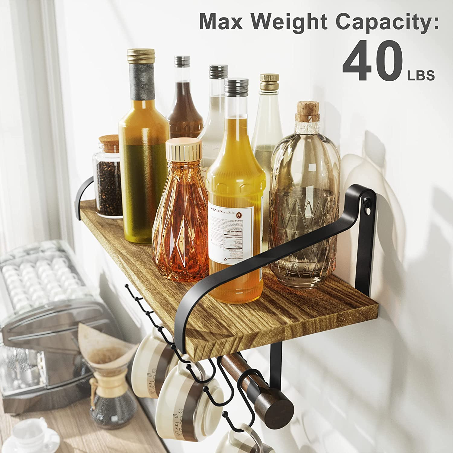 Rustic Floating Shelf with Towel Bar and Removable Hooks - Perfect for Organizing Kitchen Utensils and Bathroom Essentials in Carbonized Black