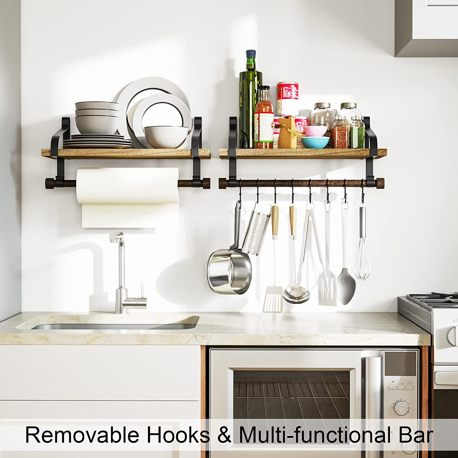 Rustic Floating Shelf with Towel Bar and Removable Hooks - Perfect for Organizing Kitchen Utensils and Bathroom Essentials in Carbonized Black
