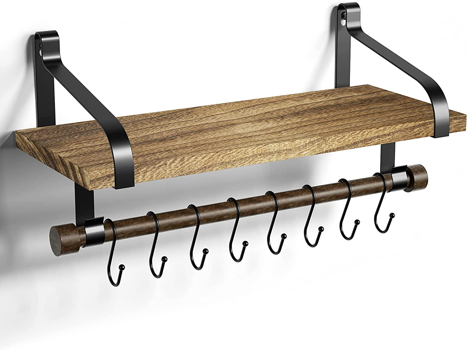 Rustic Floating Shelf with Towel Bar and Removable Hooks - Perfect for Organizing Kitchen Utensils and Bathroom Essentials in Carbonized Black