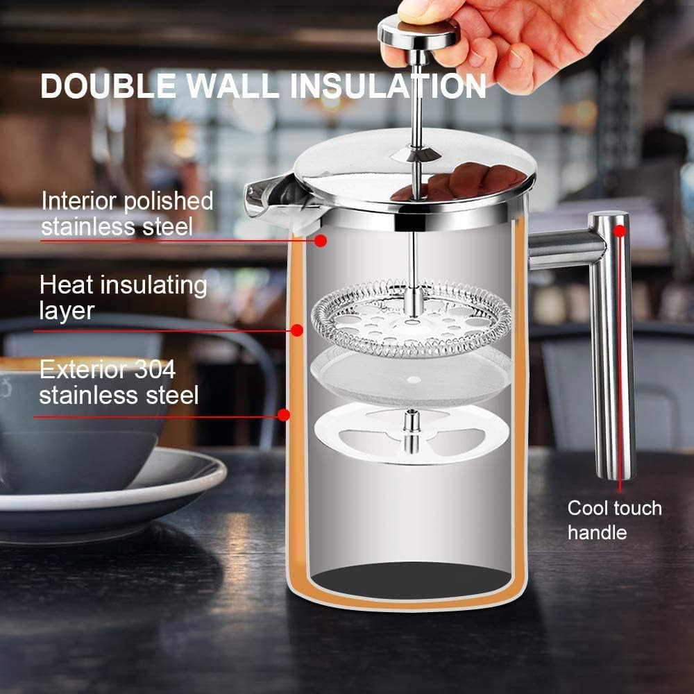 Experience Rich Flavor with the Secura 34oz French Press Coffee Maker - Durable 304 Stainless Steel, Dishwasher Safe, and Includes Extra Screens