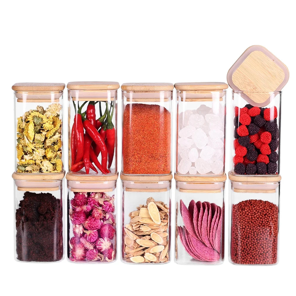 Elevate Your Kitchen with 10 Premium Glass Spice Jars - 8oz Clear Square Containers with Bamboo Airtight Lids and Labels